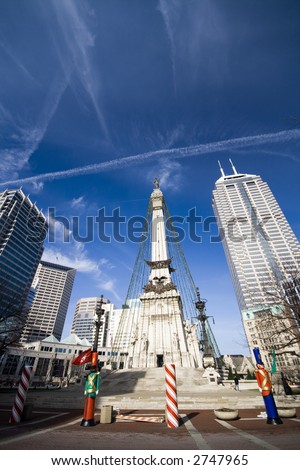 Wide angle view of Monument Circle in Indianapolis, IN. Vertical.