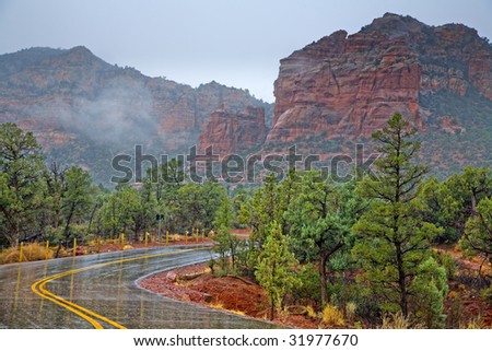 Scenic drive through Red Rocks in Sedona, Arizona in rainy weather