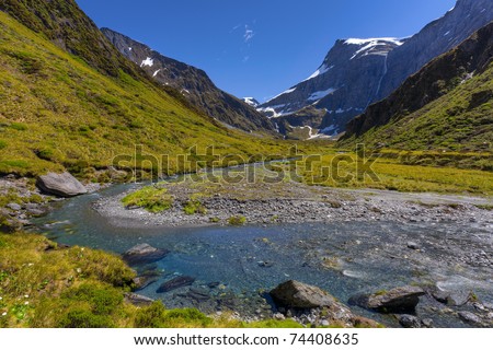 View of mountain stream and snow melt rushing down the mountains