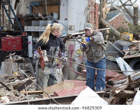 HENRYVILLE, IN - MARCH 4: Aftermath of category 4 tornado that touched down in town on March 2, 2012 in Henryville, IN. 12 deaths and massive loss of property were reported in Indiana