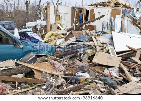 Henryville, IN - March 4, 2012: Aftermath of category 4 tornado that touched down in town on March 2, 2012 in Henryville, IN. 12 deaths and massive loss of property were reported in Indiana