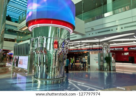 DUBAI, UAE - JAN 6: The newer Terminal 3 (Emirates) at Dubai Airport, one of the busiest airports, on January 6, 2013. It\'s world largest building by floor space and world largest airport terminal.