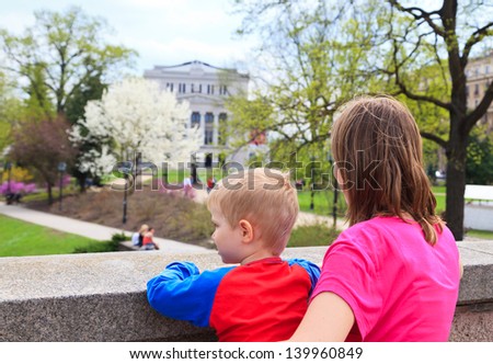 family looking at spring park, Riga, Latvia