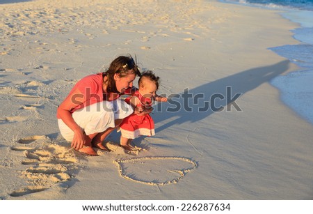 mother and little daughter drawing heart on sand beach