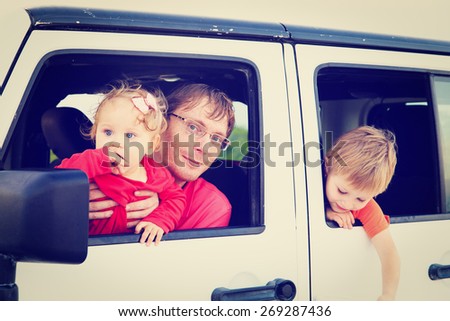 family driving off-road car on tropical beach, vacation concept