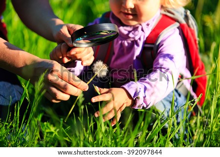 Little girl with teacher examining field flowers using magnifying glass