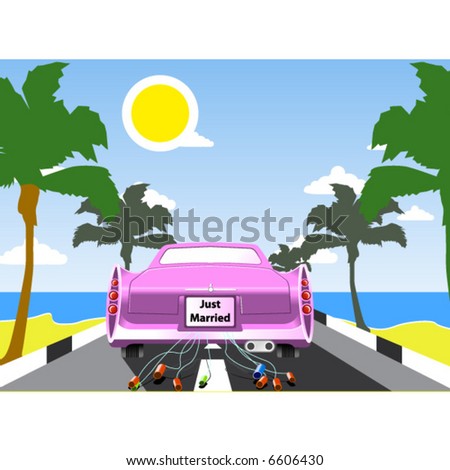 stock vector Pink wedding limousine with palms and sea beach
