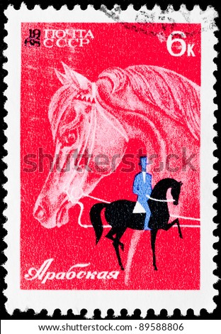USSR - CIRCA 1968: The postal stamp printed in USSR is shown by the rider on a horse, CIRCA 1968. Breed Arabic.