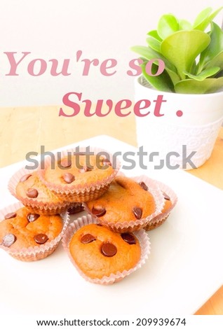 Chocolate chips muffins or cupcakes decorated with pot tiny tree with \
