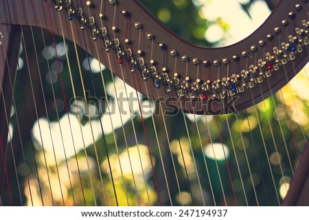 Harp instrument,Non-Pedal Harp in abstract nature  background,retro filter effect