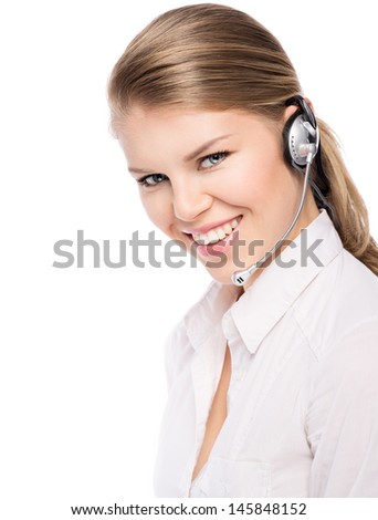 Hotline service woman assistant with hands free. Portrait of beautiful blond Caucasian female phone operator. Isolated on a white background.