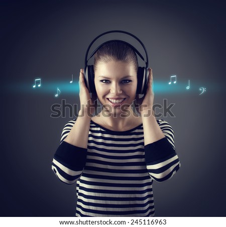 Happy female listening music in earphones with musical sketch around