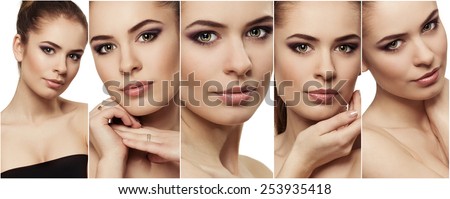 Photo collage of beauty woman face with clean perfect skin. Concept of skincare, facial moisturizer and protection therapy.