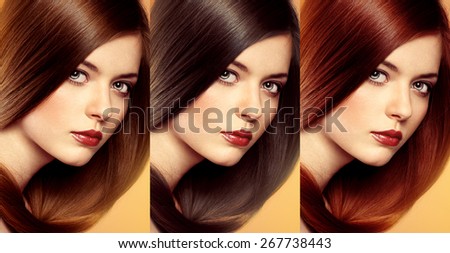 Hair colors and tones. Portrait of young lovely woman with various hair tints. Natural brunette, brown and red color.