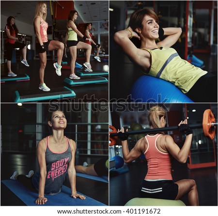Collage of young sporty people training in the gym. Step, yoga, fit ball and body pump class.