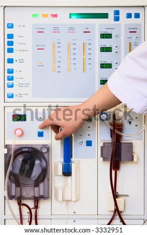 arlificial kidney (dialysis) medical device with rotating pump and nurse's hand