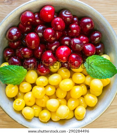 On a table there is a bowl with a yellow both red sweet cherry and mint leaflets.