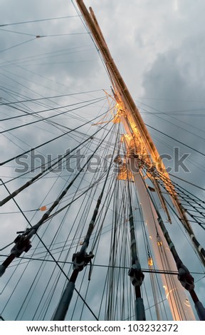 Gear old sailing ship on the background of an overcast sky - Turku, Finland