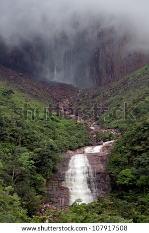 The lower part of the  Angel Falls ( Salto Angel ) is worlds highest waterfalls (978 m) in the morning - Venezuela, Latin America
