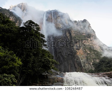 View of bottom parts of the Angel Falls is worlds highest waterfalls (978 m) - Venezuela, South America