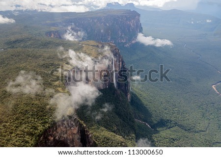The view from the plane of the source of the river supply Angel Falls is worlds highest waterfalls (978 m) - Venezuela, Latin America