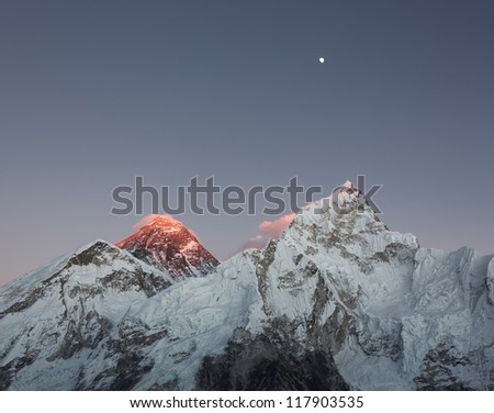 Mt. Everest (8848 m) and Nuptse (7864 m) peaks in the last light of the Sun (view from Kala Patthar) - Nepal, Himalayas