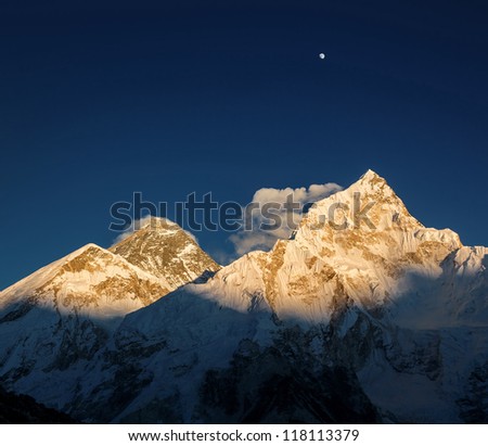 Mt. Everest (8848 m) and Nuptse (7864 m) peaks at sunset (view from Kala Patthar) - Nepal, Himalayas