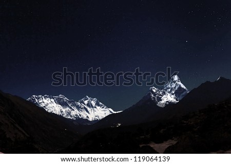 View of Mt. Everest in the Moonlight from the Monastery in the Tengboche at night - Everest region, Nepal, Himalayas