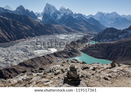 Three highest peaks of the world Mt. Everest (8848 m), Lhotse (8516 m) and Makalu (8451 m). View from Gokyo Ri - Nepal, Himalayas