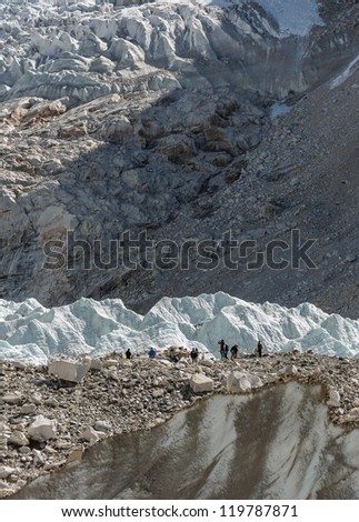 View of the place of the spring Everest Base Camp (EBC) on Khumbu glacier near - Nepal, Himalayas