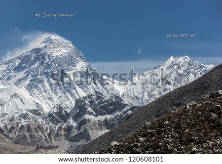 View of Mt. Everest (8848 m) and Lhotse (8516 m) from the fifth lake Gokyo - Nepal (named version)