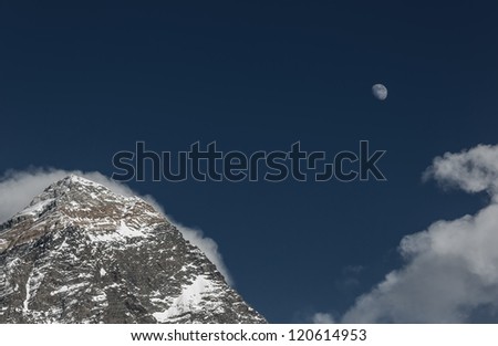 Moon over Mt. Everest at sunset (view from Kala Patthar) - Everest region, Nepal, Himalayas