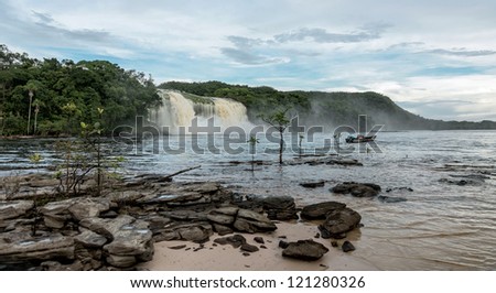 Hacha waterfall in the lagoon of Canaima national park after the storm - Venezuela, South America