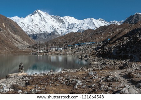 The view from the shores of the third lake in the village Gokyo and one of the highest peaks of the world Cho Oyu (8201 m) - Gokyo region, Nepal