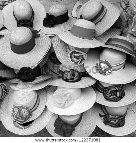 Shop of the straw hats, Mexico (black and white)