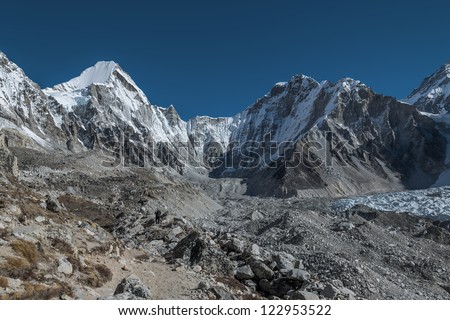 Track in the direction to the spring Everest Base Camp (EBC) on Khumbu glacier - Nepal