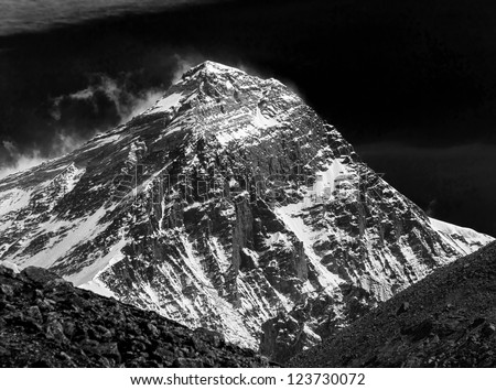 View of Mt. Everest (8848 m) from the fifth lake Gokyo, Nepal, Himalayas (black and white)