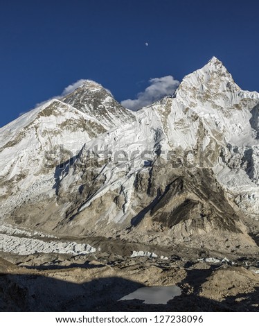 The moon rises over the Mt. Everest (8848 m)  (view from Kala Patthar) - Nepal, Himalayas