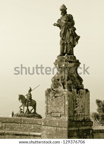 The two statues in front of the Bom Jesus do Monte, Braga, Portugal (stylized retro)