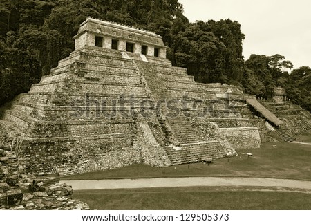 The big pyramid in the Palenque, Mexico, Latin America (stylized retro)