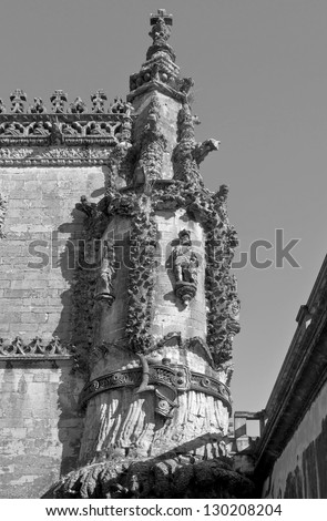 Fragment of the Monastery of Christ the order of the knights Templar in Tomar, Portugal (black and white)