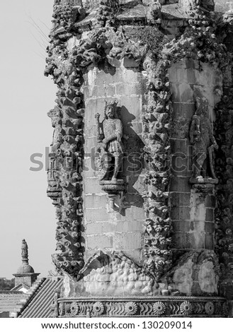 Fragment of the Monastery of Christ the order of the knights Templar in Tomar, Portugal (black and white)