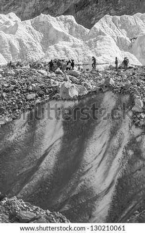 View of the place of the spring Everest Base Camp (EBC) on Khumbu glacier near - Nepal (black and white)
