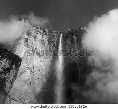 View of top of the Angel Falls ( Salto Angel ) is worlds highest waterfalls (978 m) - Venezuela, Latin America (black and white)
