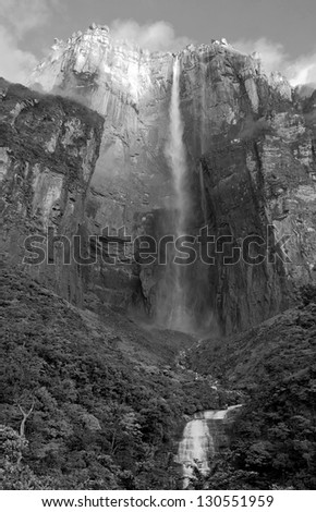 Angel Falls ( Salto Angel ) is worlds highest waterfalls (978 m) - Venezuela, Latin America (black and white)