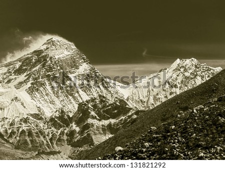 View of Mt. Everest (8848 m) and Lhotse (8516 m) from the fifth lake Gokyo - Nepal, Himalayas (stylized retro)