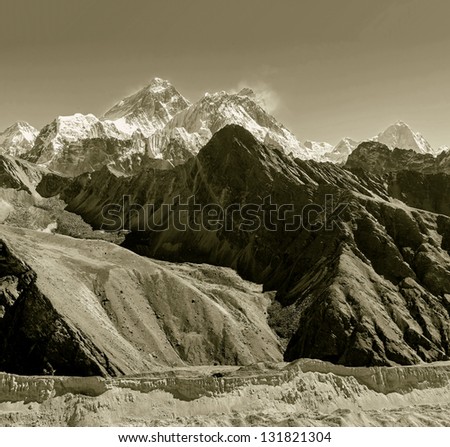 Three highest peaks of the world Mt. Everest (8848 m), Lhotse (8516 m) and Makalu (8451 m). View from Gokyo Ri - Nepal, Himalayas (stylized retro)