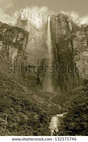 Angel Falls ( Salto Angel ) is worlds highest waterfalls (978 m) - Venezuela, Latin America (stylized retro)