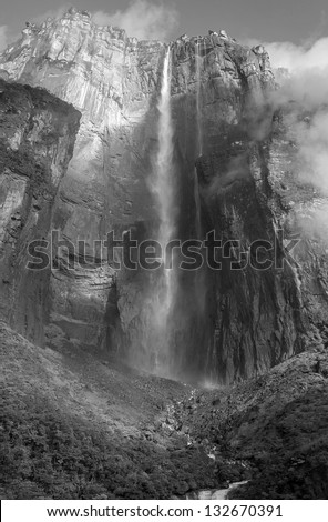 Angel Falls ( Salto Angel ) is worlds highest waterfalls (978 m), Venezuela (black and white)