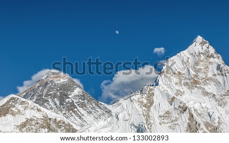 The Moon, Mt. Everest (8848 m), and Nuptse (7864 m) (view from Kala Patthar) - Nepal, Himalayas